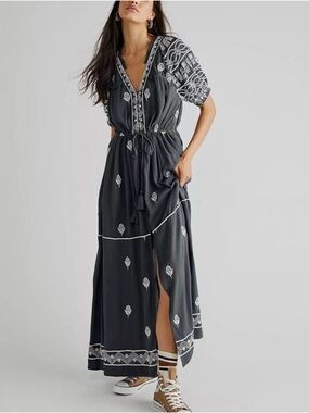 Free People Riley Embroidered Short Sleeve Maxi Dress.